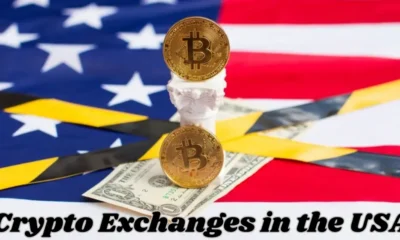 Bitcoin and dollars on the American flag Crypto Exchanges in the USA