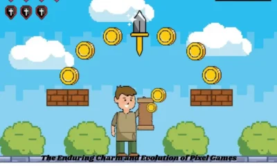 a video Pixel Games with a boy holding a coin and a sword