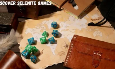 a group of Selenite Games dice on a map