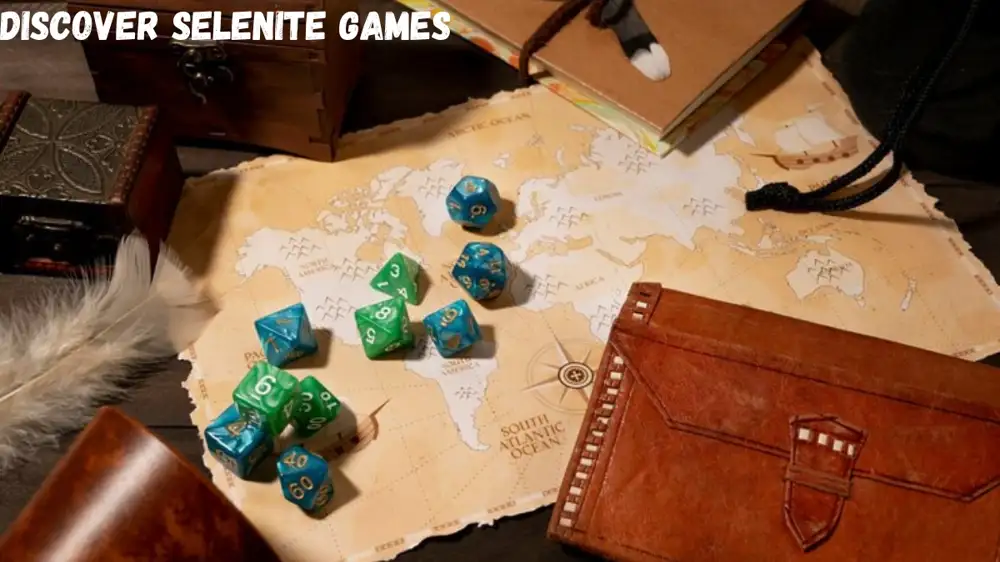 a group of Selenite Games dice on a map