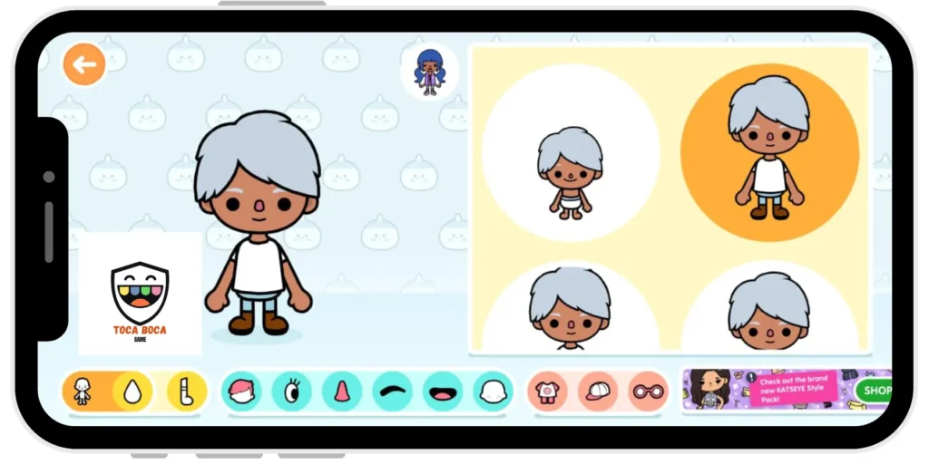 Toca Life World character customization screen with a boy avatar and editing options.